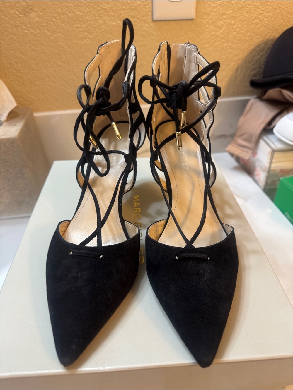 Marc Fisher Black Suede Lace-Up Pointed Heels with Ankle Ties